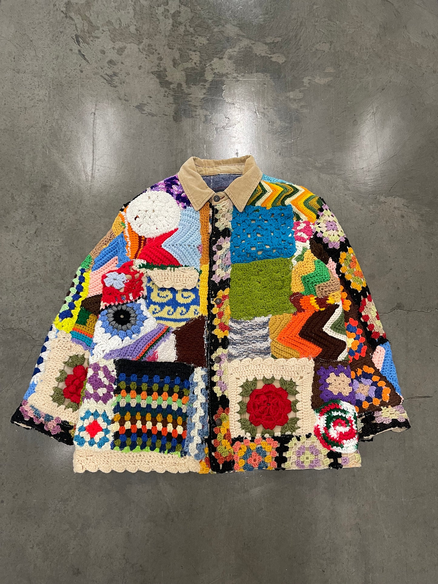 Bluesin’s “Looking Ahead” Patchwork Chunky Crochet Wool Lined Chore Coat/Jacket