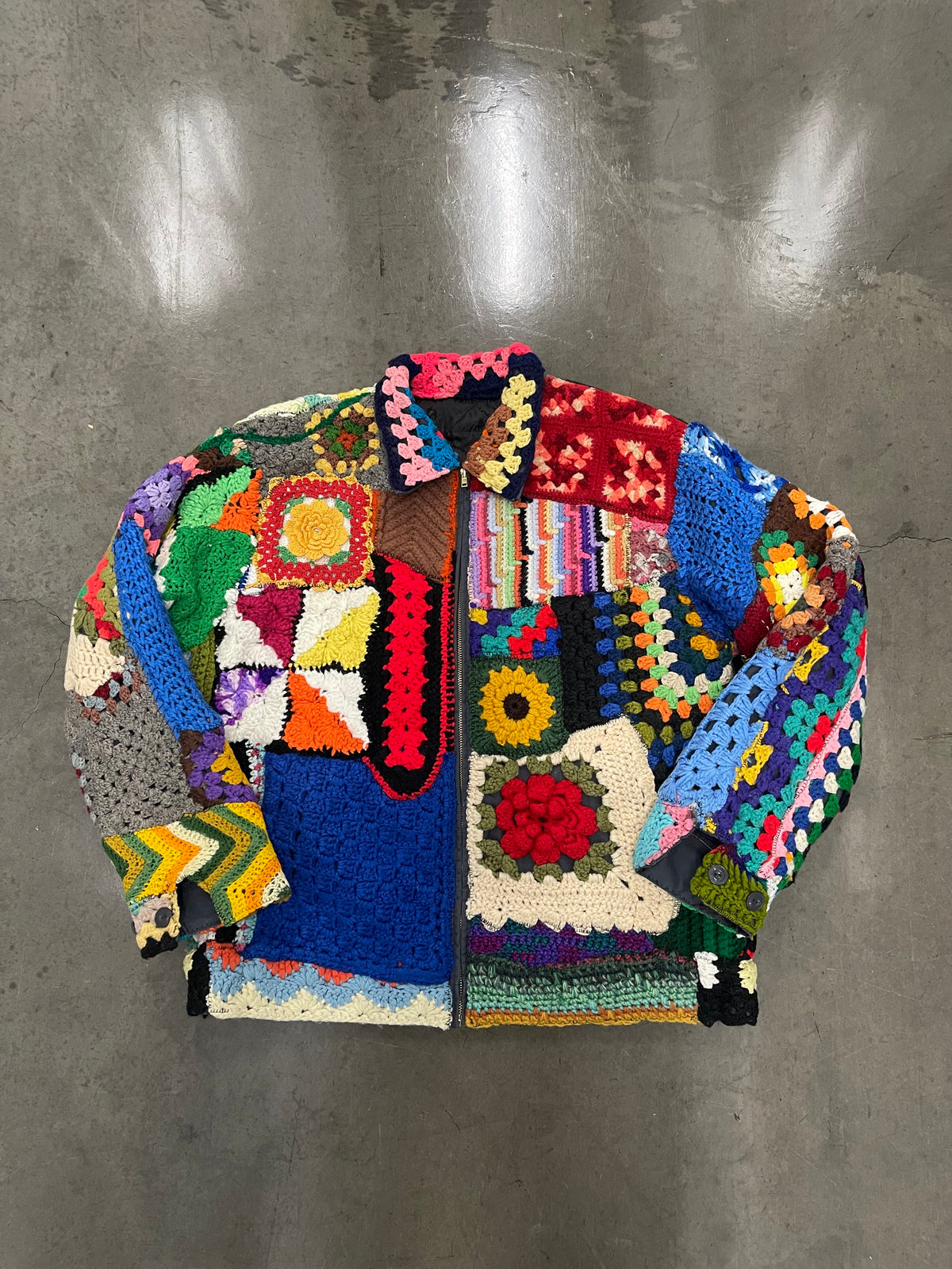 BLUESIN’S “INTERTWINED BLOSSOMS” PATCHWORK CROCHET FULL ZIP WORK JACKET