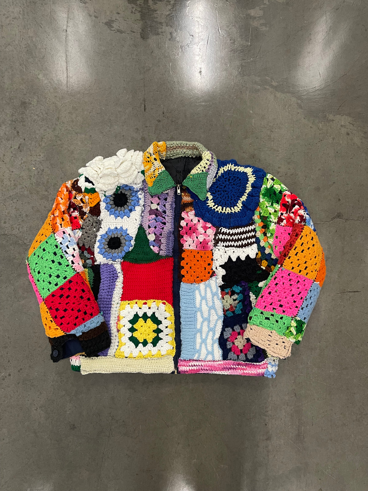 BLUESIN’S “BLOOMED HARMONY” PATCHWORK CROCHET FULL ZIP WORK JACKET