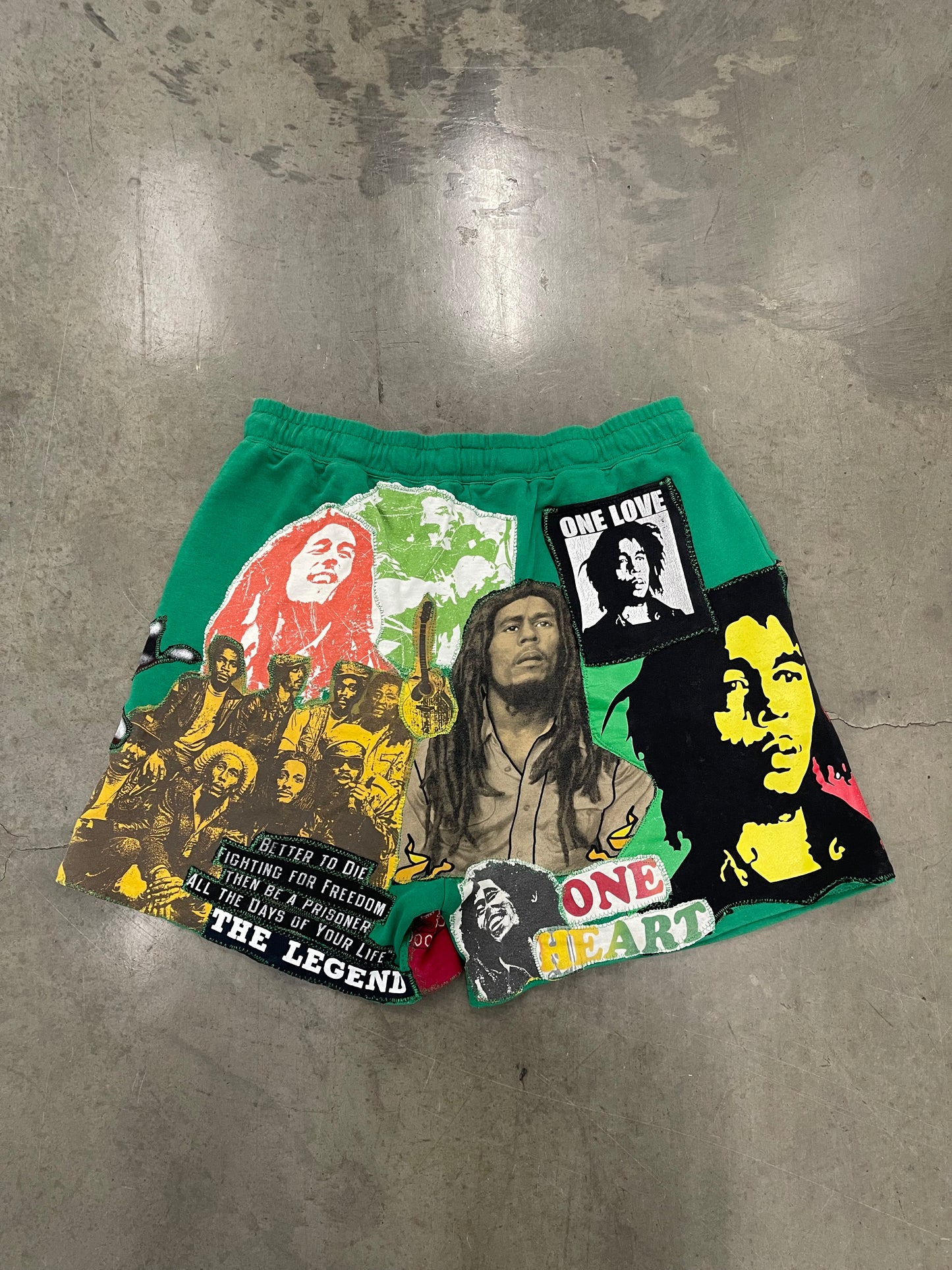 BLUESIN’S “THE LEGEND” BOB MARLEY PATCHWORK SWEAT SHORTS