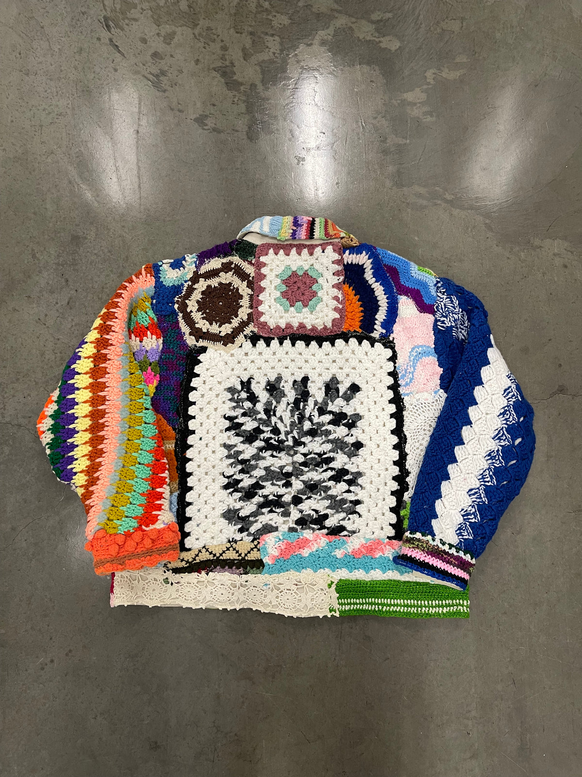 BLUESIN’S “TIMELESS EXCURSIONS” PATCHWORK CROCHET HARRINGTON FULL ZIP JACKET