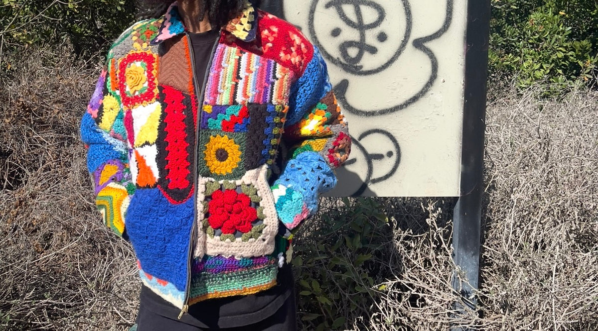 BLUESIN’S “INTERTWINED BLOSSOMS” PATCHWORK CROCHET FULL ZIP WORK JACKET
