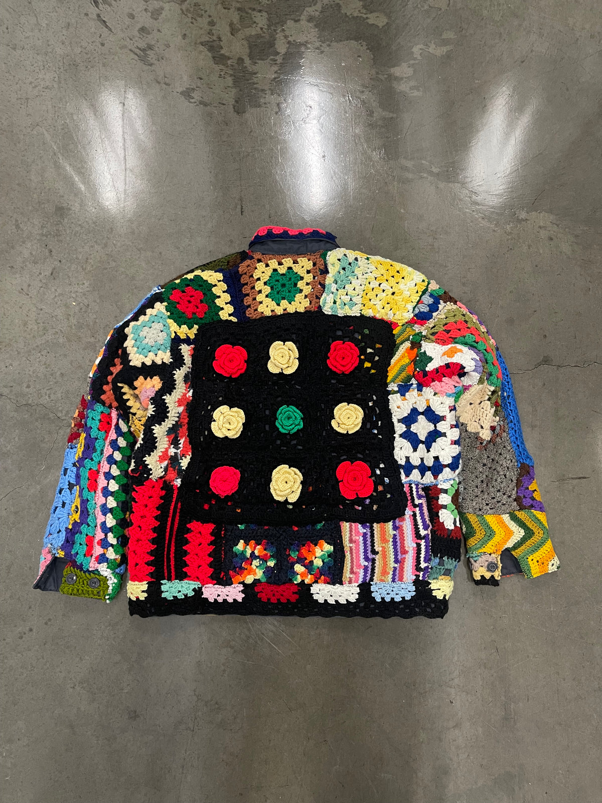 BLUESIN’S “INTERTWINED BLOSSOMS” PATCHWORK CROCHET FULL ZIP WORK JACKET