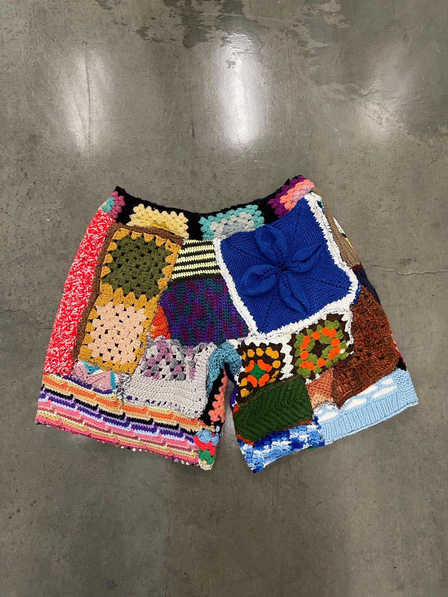 BLUESIN’S “BLOSSOMING BLUES” PATCHWORK CROCHET SWEAT SHORTS