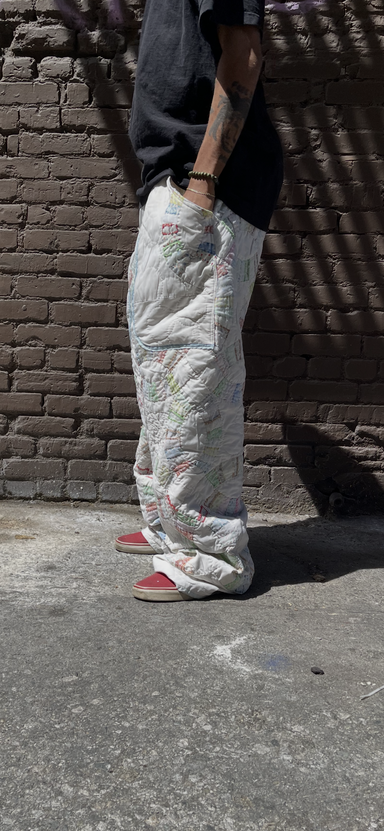 BLUESIN’S “INTERLOCKED HARMONIES” TATTERED WEDDING RING QUILTED VINTAGE PANTS