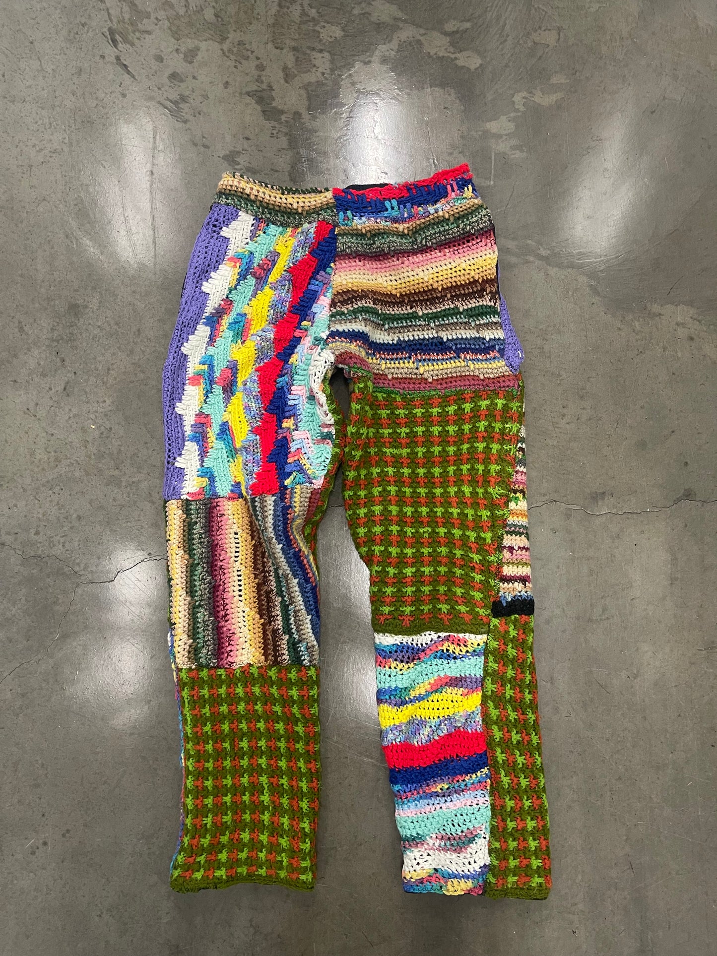 BLUESIN’S “MYSTERIOUS FUSION” PATCHWORK CROCHET SWEATPANTS