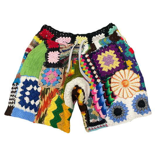 BLUESIN’S “ELABORATE COMPOSITIONS” PATCHWORK CROCHET SWEAT SHORTS