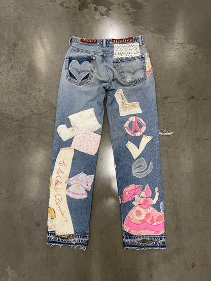 Bluesin’s “Peace Love & Healing” Patchwork Reworked Denim Jeans