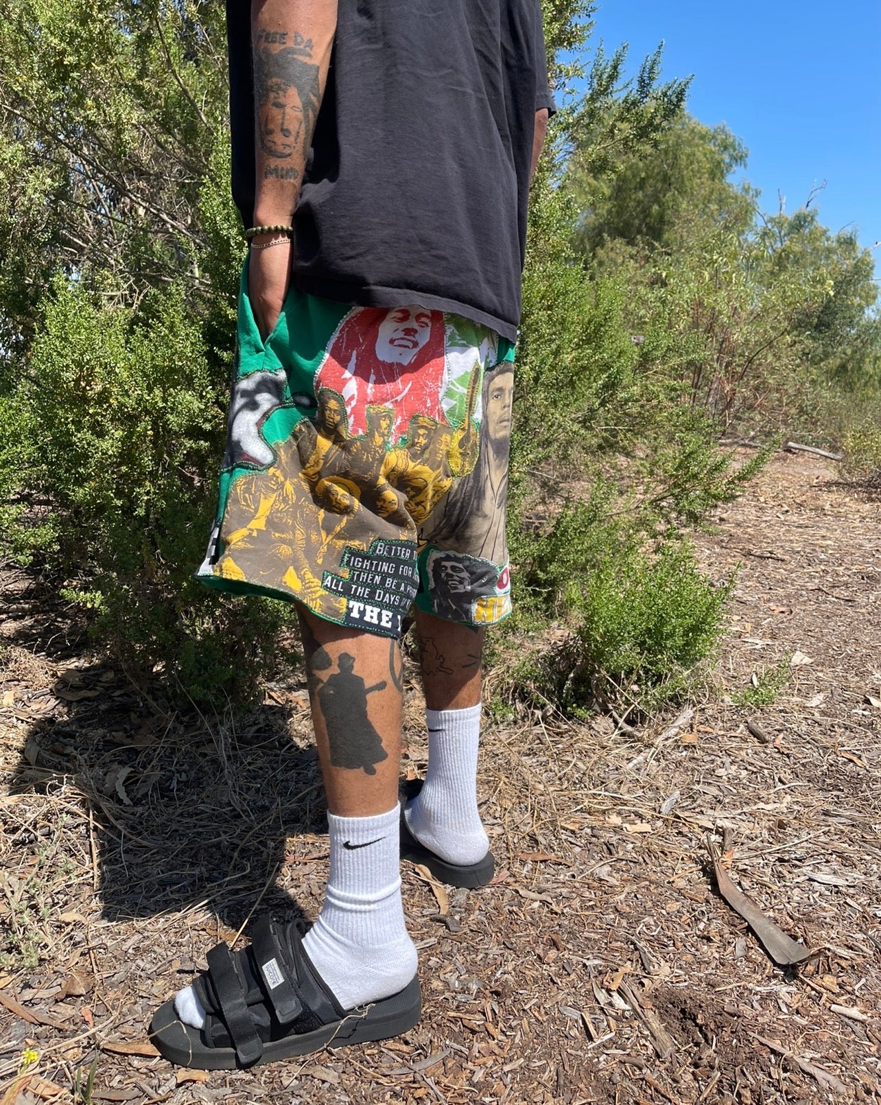 BLUESIN’S “THE LEGEND” BOB MARLEY PATCHWORK SWEAT SHORTS