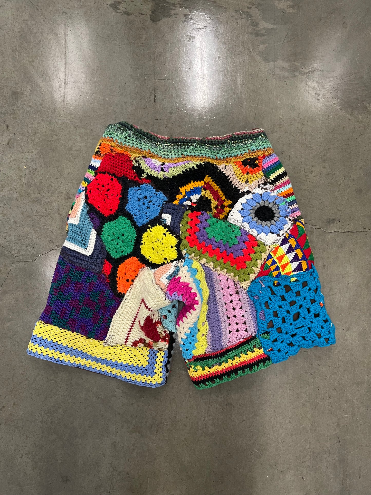 BLUESIN’S “REFLECTED CHANGES” CROCHET PATCHWORK SWEAT SHORTS