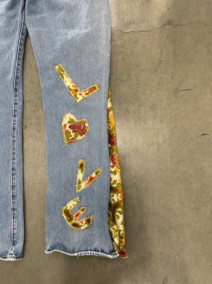 Bluesin’s “Seeds For Peace” Flared Floral Patchwork Denim Jeans