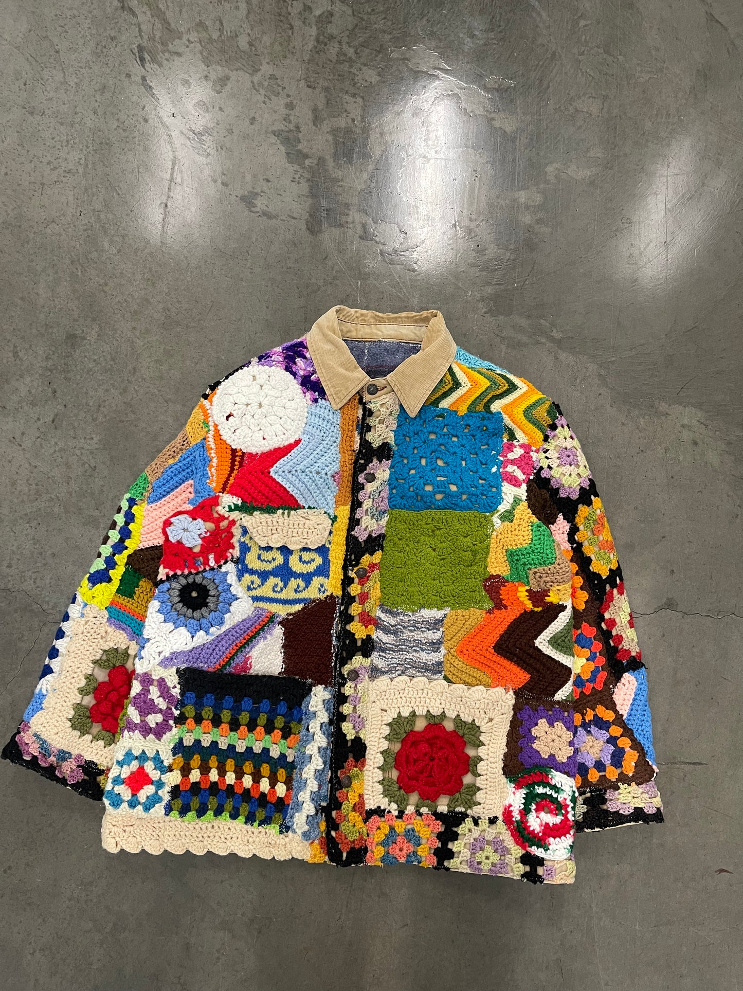 Bluesin’s “Looking Ahead” Patchwork Chunky Crochet Wool Lined Chore Coat/Jacket