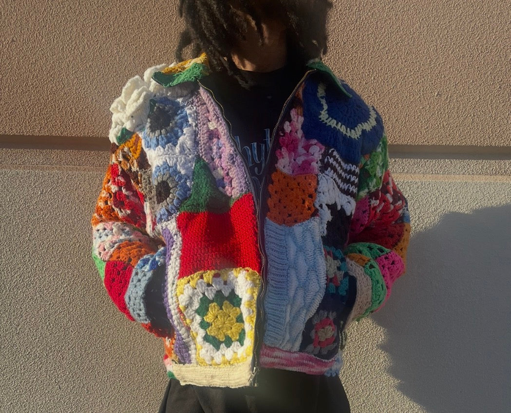 BLUESIN’S “BLOOMED HARMONY” PATCHWORK CROCHET FULL ZIP WORK JACKET