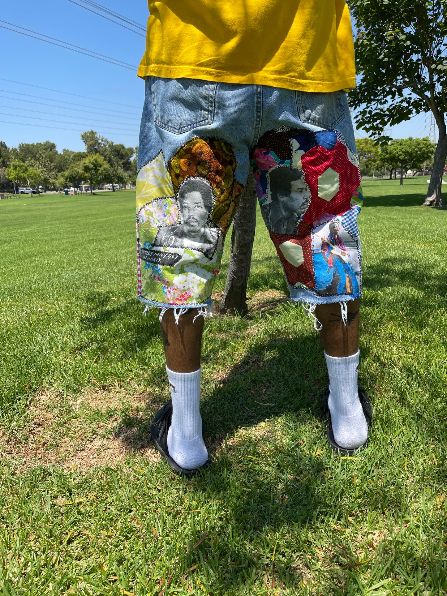 Bluesin’s “Future Of A Thousand Years” Jimi Hendrix Patchwork Denim Shorts