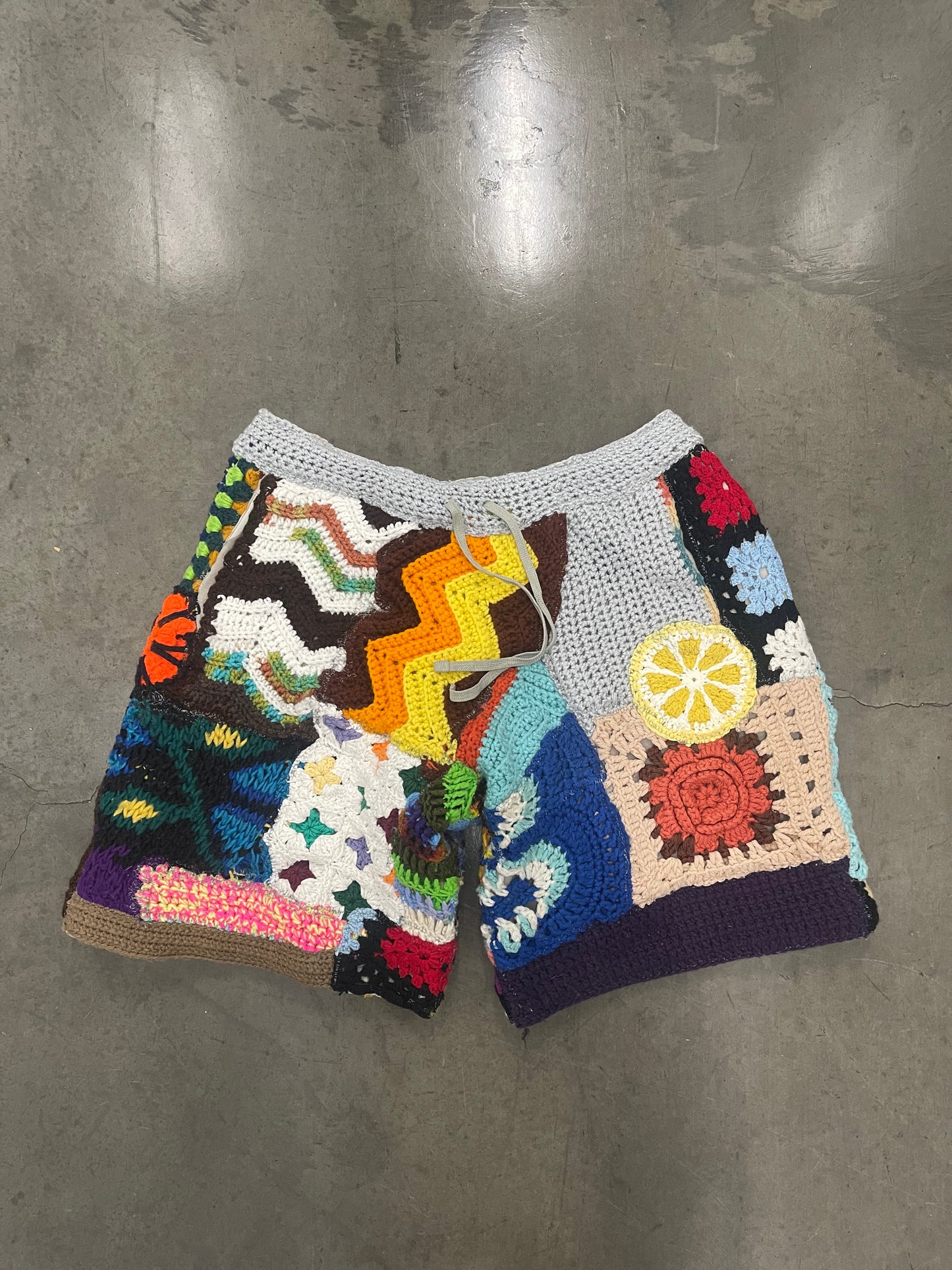 BLUESIN’S “LIFE’S LEMONS” PATCHWORK CROCHET SWEAT SHORTS
