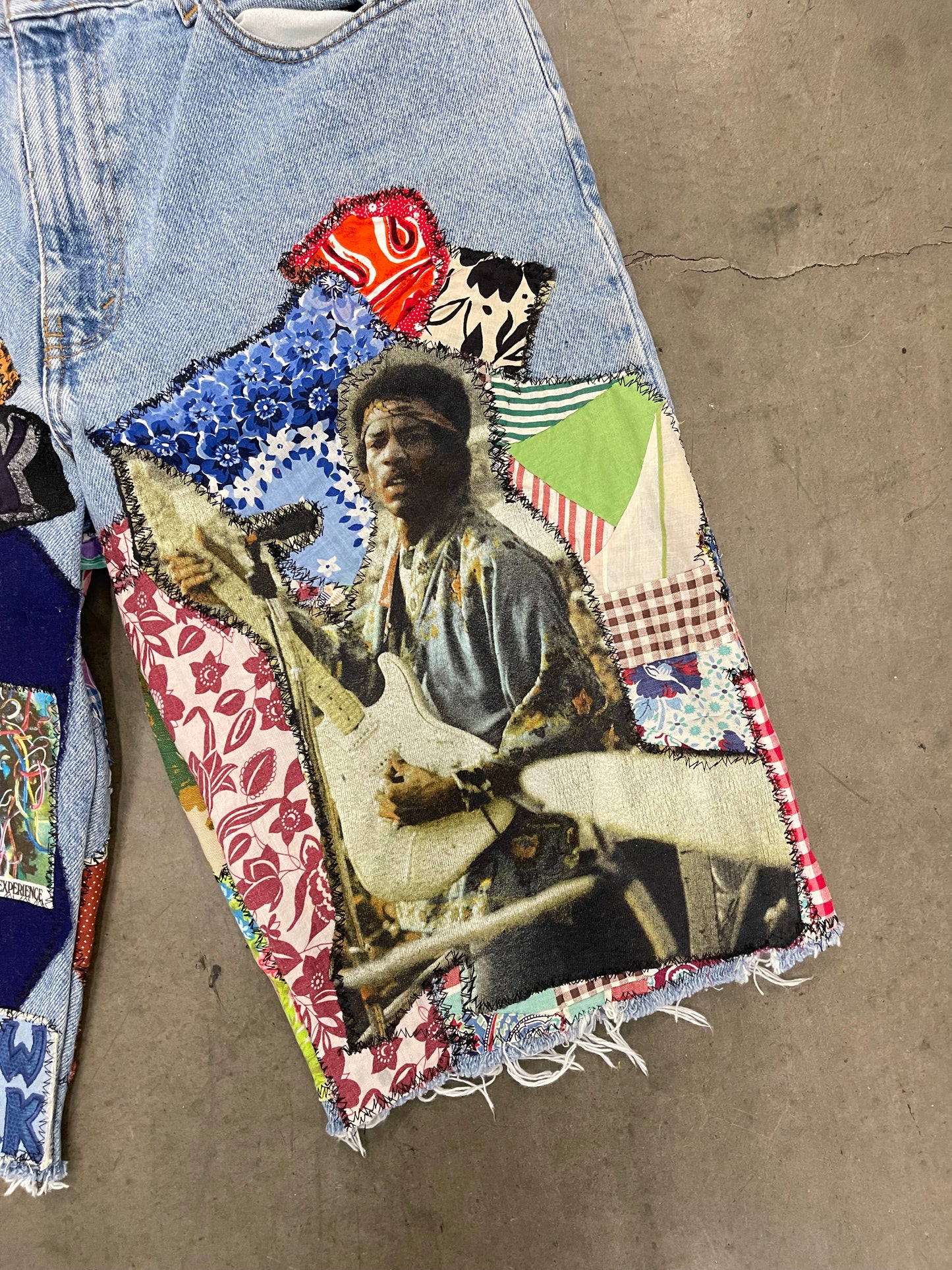 Bluesin’s “Future Of A Thousand Years” Jimi Hendrix Patchwork Denim Shorts