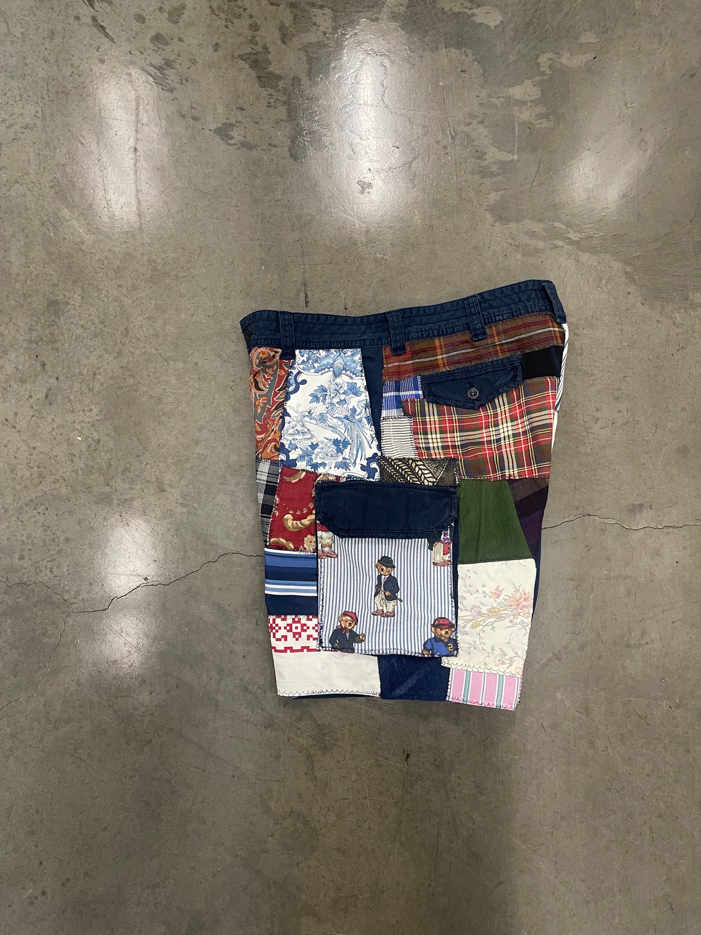 BLUESIN’S “PRL COLLAGE #2” RALPH LAUREN PATCHWORK CARGO SHORTS
