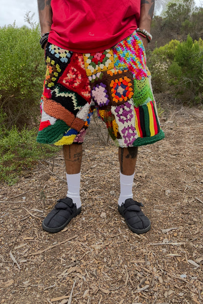 Bluesin’s “Free Ensemble Jumble” Patchwork Crochet Knit Sweat Shorts