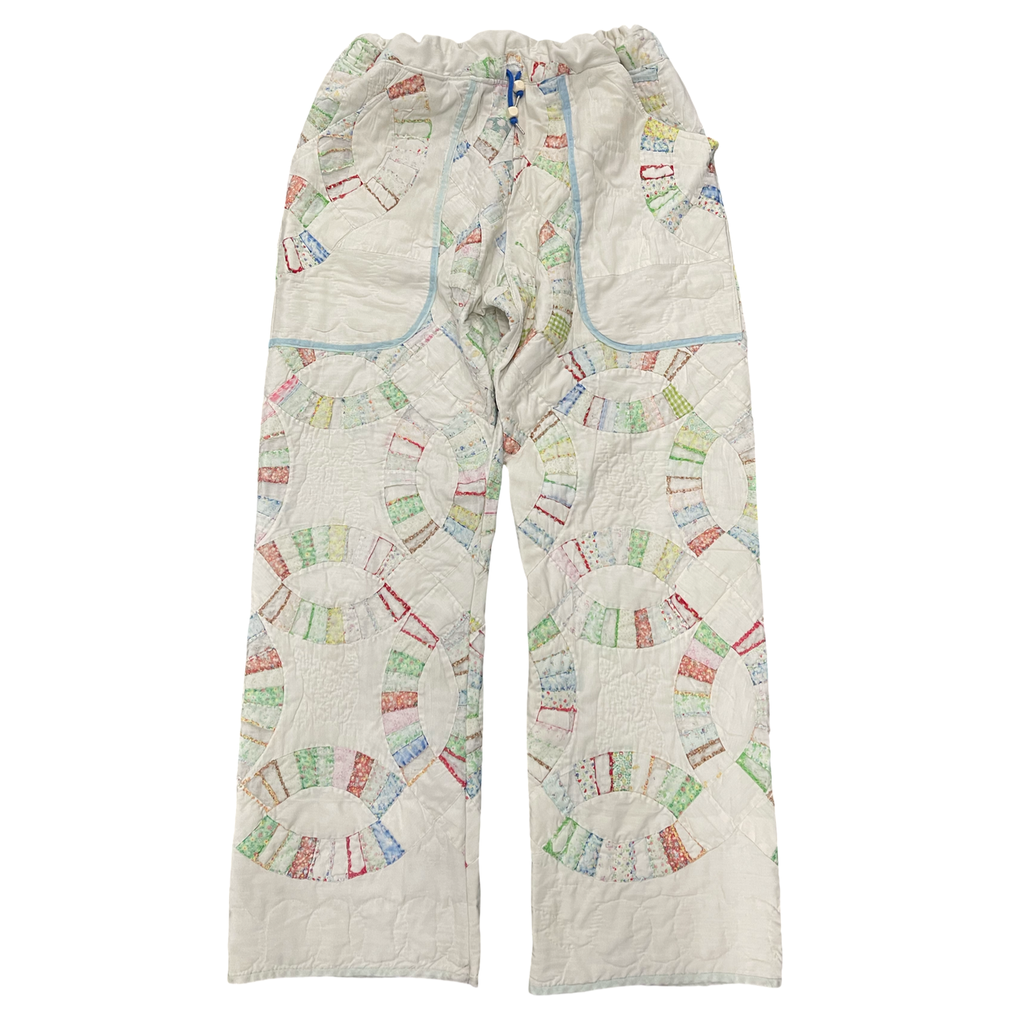 BLUESIN’S “INTERLOCKED HARMONIES” TATTERED WEDDING RING QUILTED VINTAGE PANTS